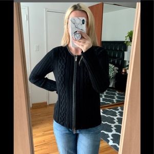 Tori Burch Merino wool sweater leather piping -zip